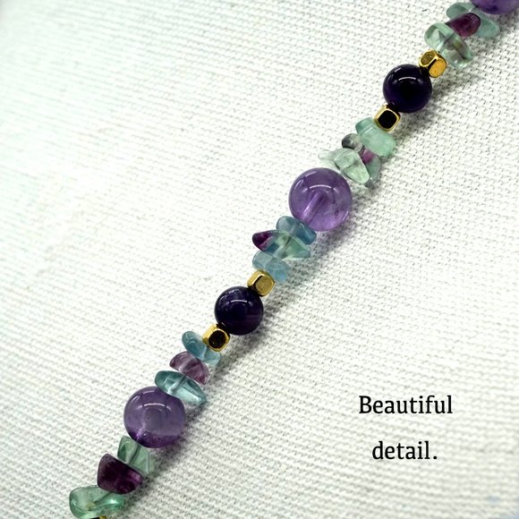 Necklace with Fluorite chips and Amethyst beads with gold accents. - Picture 5 of 6